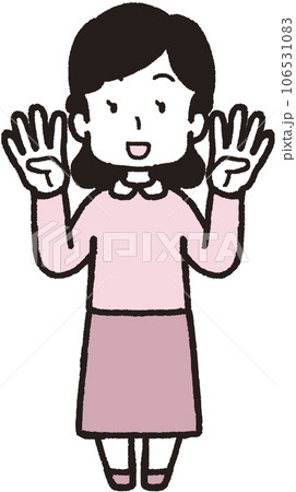 両手それぞれで4本指をして笑う女性の全身イラスト 106531083