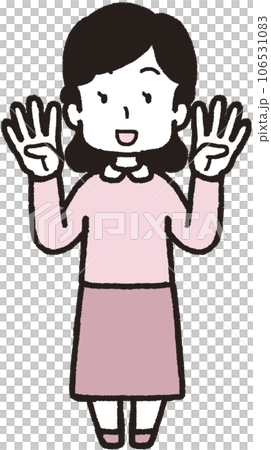 両手それぞれで4本指をして笑う女性の全身イラスト 106531083