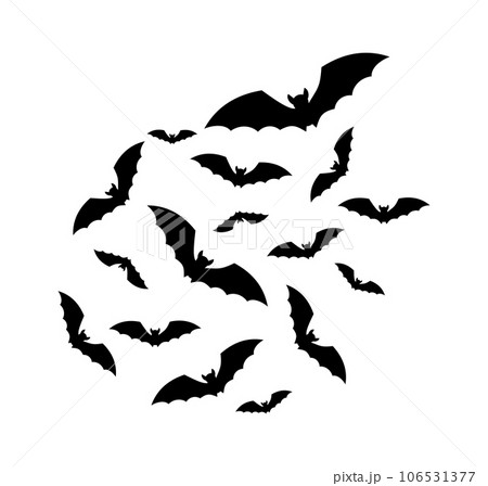 Flying bats. Halloween creepy swarm. Horror, spooky silhouettes Flying bats. Halloween creepy swarm. Horror, spooky silhouettes 106531377