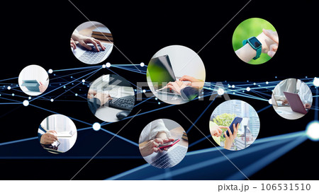 様々なモバイルデバイスを使う人々と通信ネットワーク 106531510