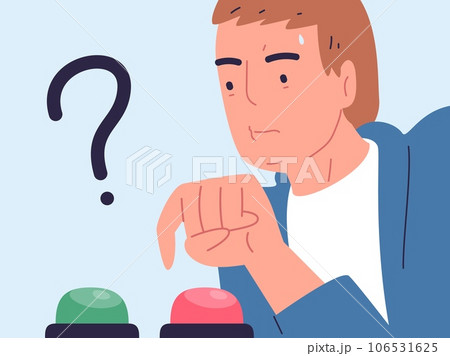 Difficulty choosing. Concerned person select button push, choice between two options or 2 decisions, sceptic doubt people thinking dilemma question life control vector illustration Difficulty choosing. Concerned person select button push, choice between two options or 2 decisions, sceptic doubt people thinking dilemma question life control vector illustration 106531625