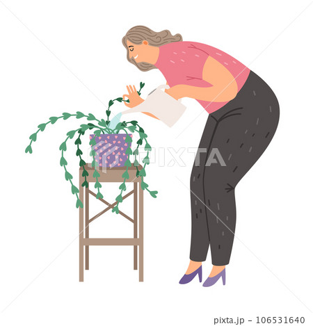 Houseplant care, woman with watering can for flowers. Room gardening hobby, moistening of foliage. Cartoon vector botanical concept. Caring for home plants 106531640