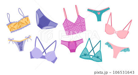 Collection of elegant female underwear. Trendy lingerie set, bra, pantie, bikini. Colorful collection of undergarments vector illustration Collection of elegant female underwear. Trendy lingerie set, bra, pantie, bikini. Colorful collection of undergarments vector illustration 106531643