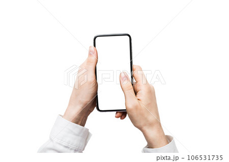 Top view of woman hands holding smart phone with blank copy space screen for your text message or information content. woman hand using phone white screen on top view 106531735