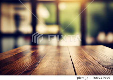 Abstract empty wooden desk table with copy space over interior modern room with blurred background, display for product montage Abstract empty wooden desk table with copy space over interior modern room with blurred background, display for product montage 106531959