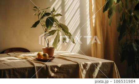 Modern interior lifestyle Mediterranean in summer scene, plant with fruit on table with light and shadow in dining room Modern interior lifestyle Mediterranean in summer scene, plant with fruit on table with light and shadow in dining room 106531984