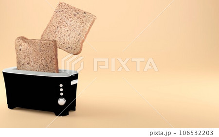3D toast and toaster on yellow background for copy space , 3D rendering illustration breakfast concept 106532203