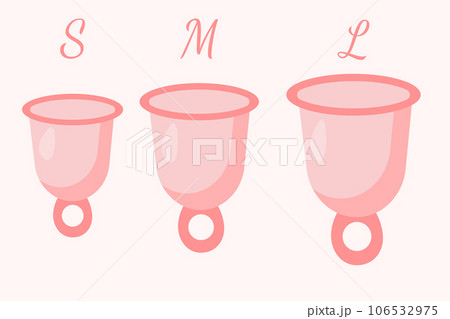 Feminine menstruation cup set. Different sizes of cups S, M, L. Womans menstrual care. Illustration of intimate hygiene products. 106532975