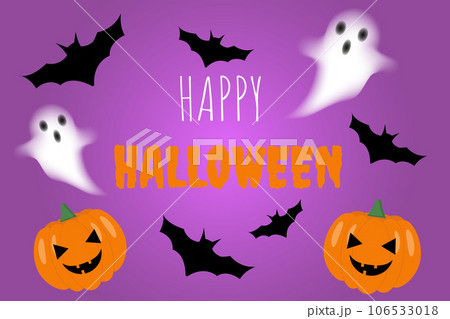 Happy Halloween party poster for october event invitation, purple background with scary pumpkin, flying black bats and ghosts. Happy halloween bright text. 106533018