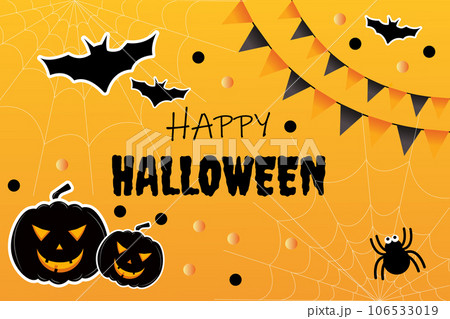 Happy Halloween party poster for october event invitation, orange background with scary pumpkin, flying black bats and spider. Happy halloween black text. Happy Halloween party poster for october event invitation, orange background with scary pumpkin, flying black bats and spider. Happy halloween black text. 106533019