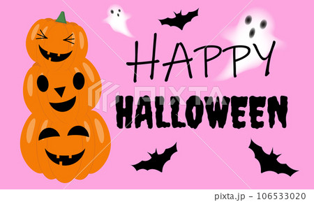 Happy Halloween party poster for october event, pink background with scary pumpkin, flying black bats and ghosts. Happy halloween black inscription, event invitation. Happy Halloween party poster for october event, pink background with scary pumpkin, flying black bats and ghosts. Happy halloween black inscription, event invitation. 106533020