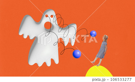 Contemporary art collage. Pretty little girl dressed retro outfit shouting because ghost eyes fell out on springs isolated orange background. Contemporary art collage. Pretty little girl dressed retro outfit shouting because ghost eyes fell out on springs isolated orange background. 106533277