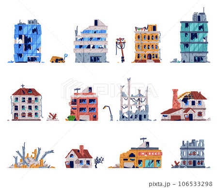 Destroyed Buildings and Broken Ruined Houses Vector Set 106533298
