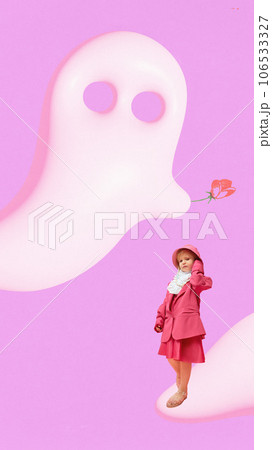 Contemporary art collage. Minimal picture of white ghost gifting flower, rose to little girl dressed vintage fashion outfit isolated pink background. 106533327