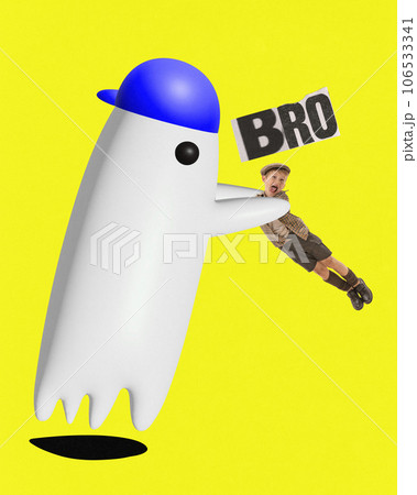 Photo collage. Contemporary artwork. Minimal picture of scary strange monster with cap catching boy dressed vintage isolated vivid yellow background. 106533341