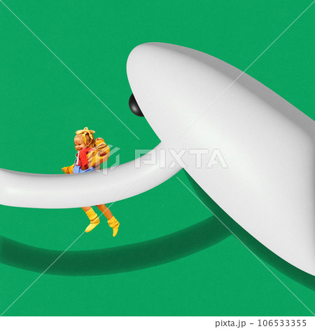 Contemporary art collage. Huge white frightening ghost catching running little girl dressed bright clothes isolated green background. 106533355