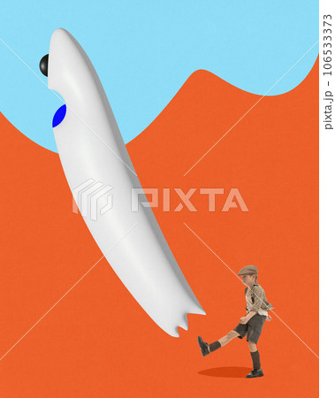 Contemporary art collage. Angry little boy dressed retro outfit kicks with leg huge drawn scared ghost isolated orange background. 106533373