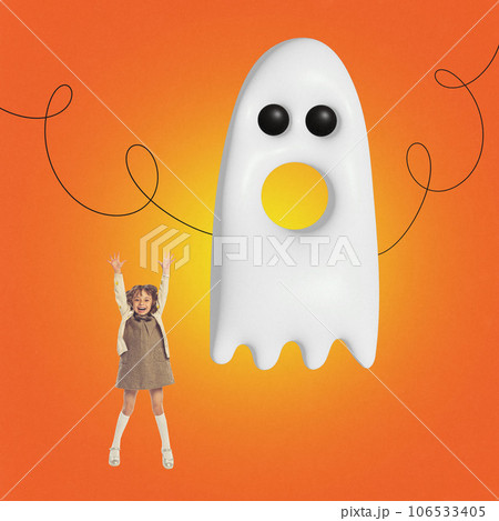 Contemporary art collage. Pretty little girl dressed retro outfit jumping with scaring strange ghost isolated orange background. Contemporary art collage. Pretty little girl dressed retro outfit jumping with scaring strange ghost isolated orange background. 106533405