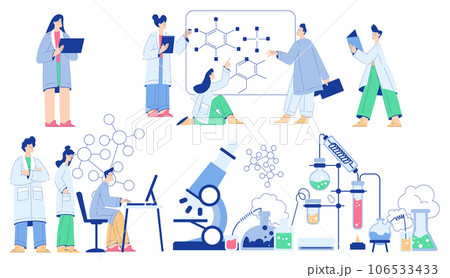 Chemistry with People Scientist Character Conducting Science Experiment in Chemical Laboratory Vector Set Chemistry with People Scientist Character Conducting Science Experiment in Chemical Laboratory Vector Set 106533433