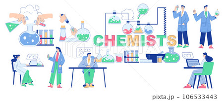 Chemistry with People Scientist Character Conducting Science Experiment in Chemical Laboratory Vector Set Chemistry with People Scientist Character Conducting Science Experiment in Chemical Laboratory Vector Set 106533443