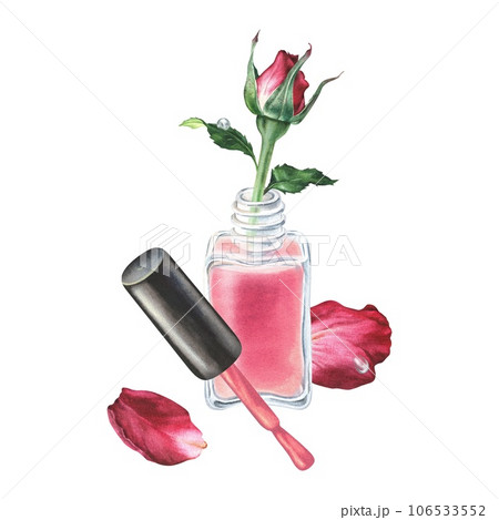Watercolor illustration.Composition of pink nail polish with bud and rose petals. Hand drawn isolated clip art on white background.For manicure salons to create stickers,posters, cards, logos, prints 106533552