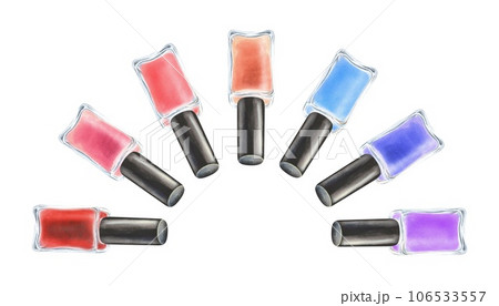 A rainbow of nail polish bottles. Watercolor illustration. Hand-drawn clipart isolated on white background. For manicure and beauty salons, cosmetic stores to create stickers, posters, business cards 106533557