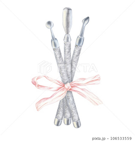 Watercolor illustration. A set of tools for manicure. Hand-drawn and isolated on white background object. Sticks for cuticle care. For manicure masters, beauty salons, cosmetic stores 106533559