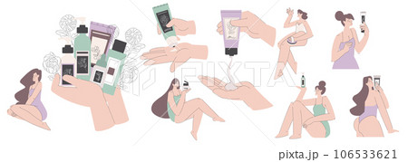 Beauty Treatment Procedure with Woman Use Cosmetic Product for Body Care Vector Set 106533621