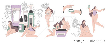 Beauty Treatment Procedure with Woman Use Cosmetic Product for Body Care Vector Set Beauty Treatment Procedure with Woman Use Cosmetic Product for Body Care Vector Set 106533623