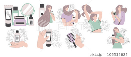 Beauty Treatment Procedure with Woman Use Cosmetic Product for Body Care Vector Set Beauty Treatment Procedure with Woman Use Cosmetic Product for Body Care Vector Set 106533625