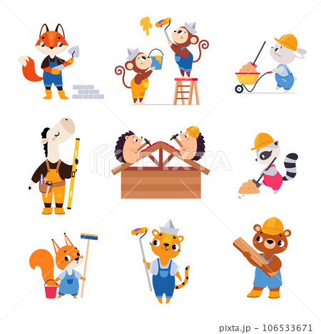 Funny Animal Builder Characters Working in Helmet Vector Set 106533671