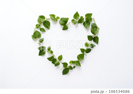 Heart shape with eco green small leaf white background. 106534086