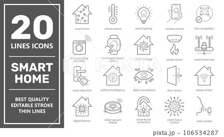 Smart Home vector line icons set. Smart systems and digital technology. Elements for mobile concepts and web apps. Collection modern infographic icons and pictograms. Editable Stroke Smart Home vector line icons set. Smart systems and digital technology. Elements for mobile concepts and web apps. Collection modern infographic icons and pictograms. Editable Stroke 106534287