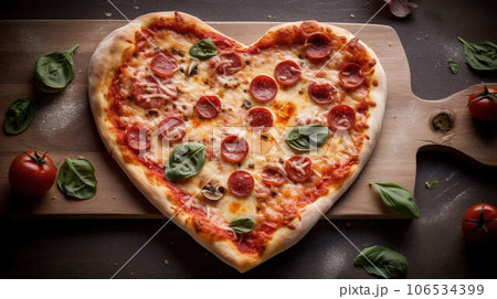 Pizza in Shape of Heart, Love Pizza, Deliciously Baked Italian Pizza with Cheese, Pepperoni, Sausage, and Fresh Vegetables with Basil Pizza in Shape of Heart, Love Pizza, Deliciously Baked Italian Pizza with Cheese, Pepperoni, Sausage, and Fresh Vegetables with Basil 106534399