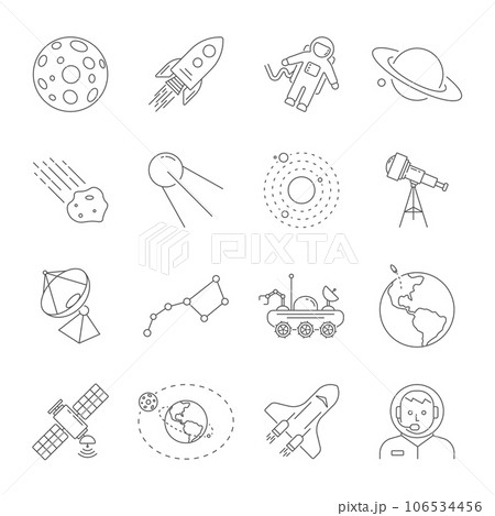 Astronomy and Space symbols collection. Thin line icons of the space theme. Contains such icons as Moon, Saturn, Earth, satellite, telescope, solar system, astronaut, moonrover. Editable Storke Astronomy and Space symbols collection. Thin line icons of the space theme. Contains such icons as Moon, Saturn, Earth, satellite, telescope, solar system, astronaut, moonrover. Editable Storke 106534456