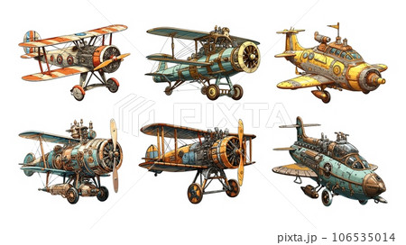Military steampunk airplanes colour cartoon sketch. Vintage aircraft set vector illustration, retro steam punk planes ships in sketchy style on white background 106535014