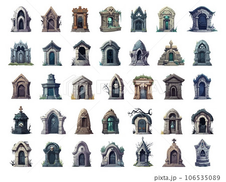Cartoon grave family crypts set. Tomb vaults front side view, tombstone graveyard sepulcher ossuary colourful elements isolated on white 106535089