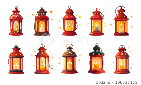 Red christmas lanterns with candles. Lantern xmas decoration, candle light. Winter holiday interior and outdoor decorations, vector isolated elements 106535155