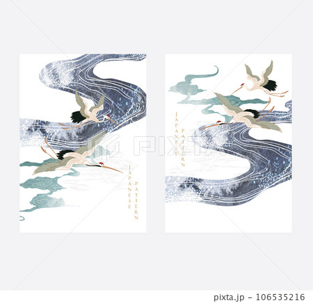Crane birds vector. Japanese background with watercolor texture painting texture. Oriental natural wave pattern with ocean sea decoration banner design in vintage style. Chinese cloud template. Crane birds vector. Japanese background with watercolor texture painting texture. Oriental natural wave pattern with ocean sea decoration banner design in vintage style. Chinese cloud template. 106535216