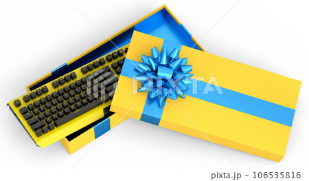 Gift boxes with keyboard, ribbon and bow on white background 106535816