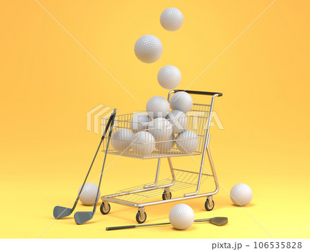 Set of ball like basketball, football and golf in shopping cart on yellow Set of ball like basketball, football and golf in shopping cart on yellow 106535828