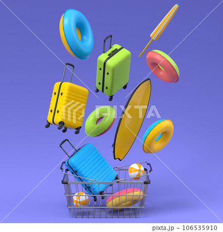 Colorful luggage with beach accessories and shopping basket on violet background Colorful luggage with beach accessories and shopping basket on violet background 106535910