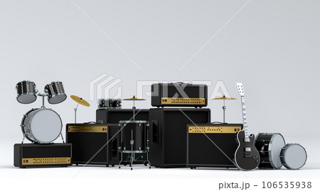 Set of electric acoustic guitars, amplifiers and drums with cymbal on white Set of electric acoustic guitars, amplifiers and drums with cymbal on white 106535938