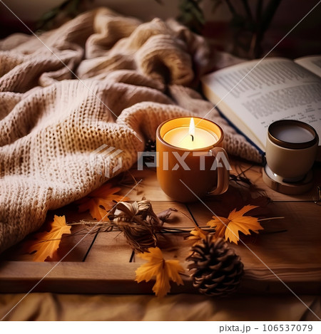 Fall aesthetics, autumn interior decor with cozy blanket and burning candles 106537079