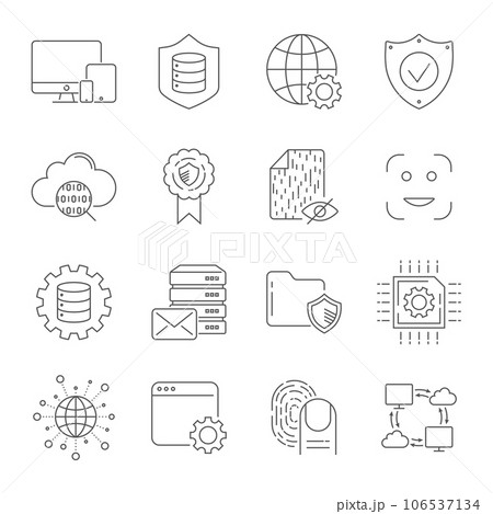 Digital Technology related vector line icons. Contains such icons as Hosting, Face Recognition, Analysis Network, Digital Protection and more. Editable Stroke 106537134