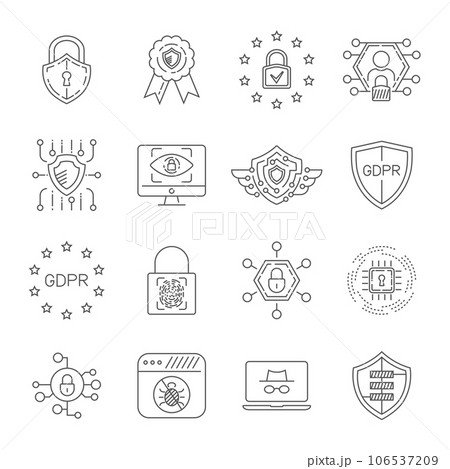 Data protection and cyber security thin line icons set. Cyber security, data and network protection. Protection technology, web services for business and internet safety. Data protection and cyber security thin line icons set. Cyber security, data and network protection. Protection technology, web services for business and internet safety. 106537209
