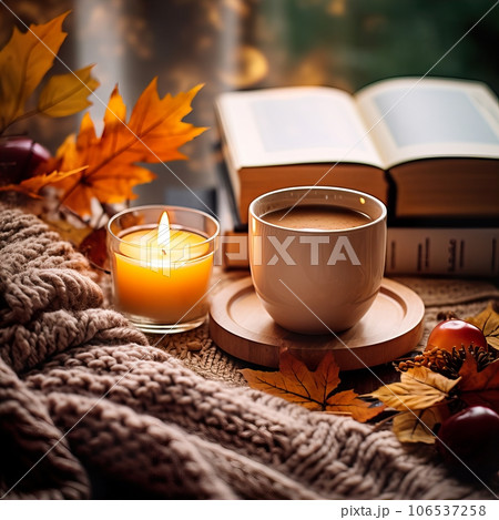 Fall aesthetics, autumn interior decor with cozy blanket and burning candles Fall aesthetics, autumn interior decor with cozy blanket and burning candles 106537258
