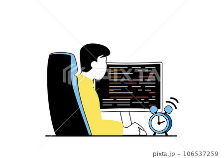 Freelance concept with people scene in flat web design. Man working as remotely programmer, coding and programming at computer at home. Vector illustration for social media banner, marketing material. Freelance concept with people scene in flat web design. Man working as remotely programmer, coding and programming at computer at home. Vector illustration for social media banner, marketing material. 106537259