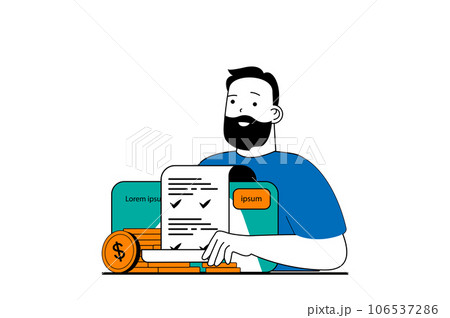 Finance concept with people scene in flat web design. Man getting online receipts and paying bills with tax using digital credit card. Vector illustration for social media banner, marketing material. 106537286