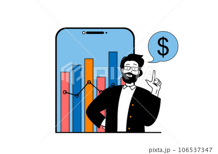 Finance concept with people scene in flat web design. Man manages balance and analyzing budget using financial mobile application. Vector illustration for social media banner, marketing material. 106537347